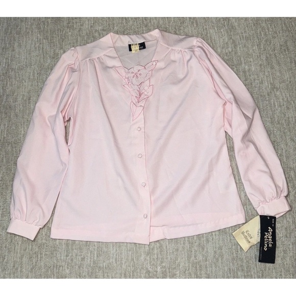 Vintage Blouse Floral Appliqué Women's Size 14 Pink Long Sleeve Button Shirt Top - Picture 2 of 9